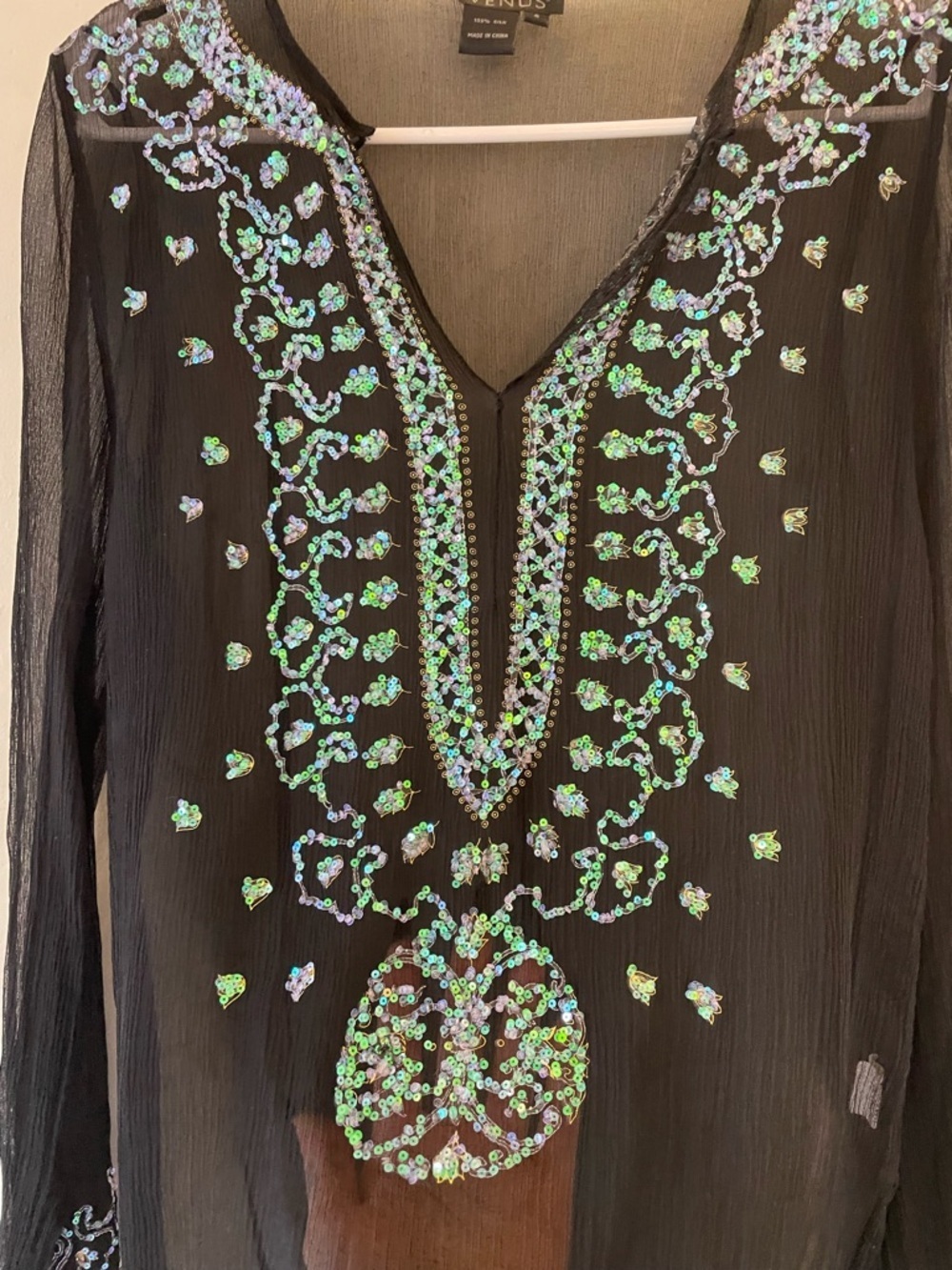 VENUS Black LongSleeve Embellished 100% Silk Y2K Top Tunic Beach Summer Cover - Picture 14 of 16